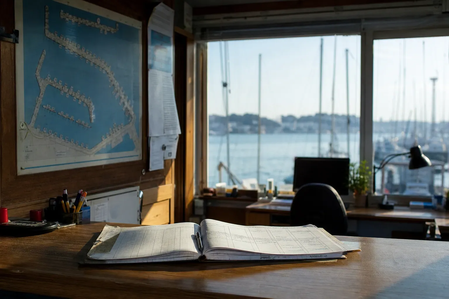 Bureau de capitainerie de port de plaisance avec un registre d’attribution de places ouvert