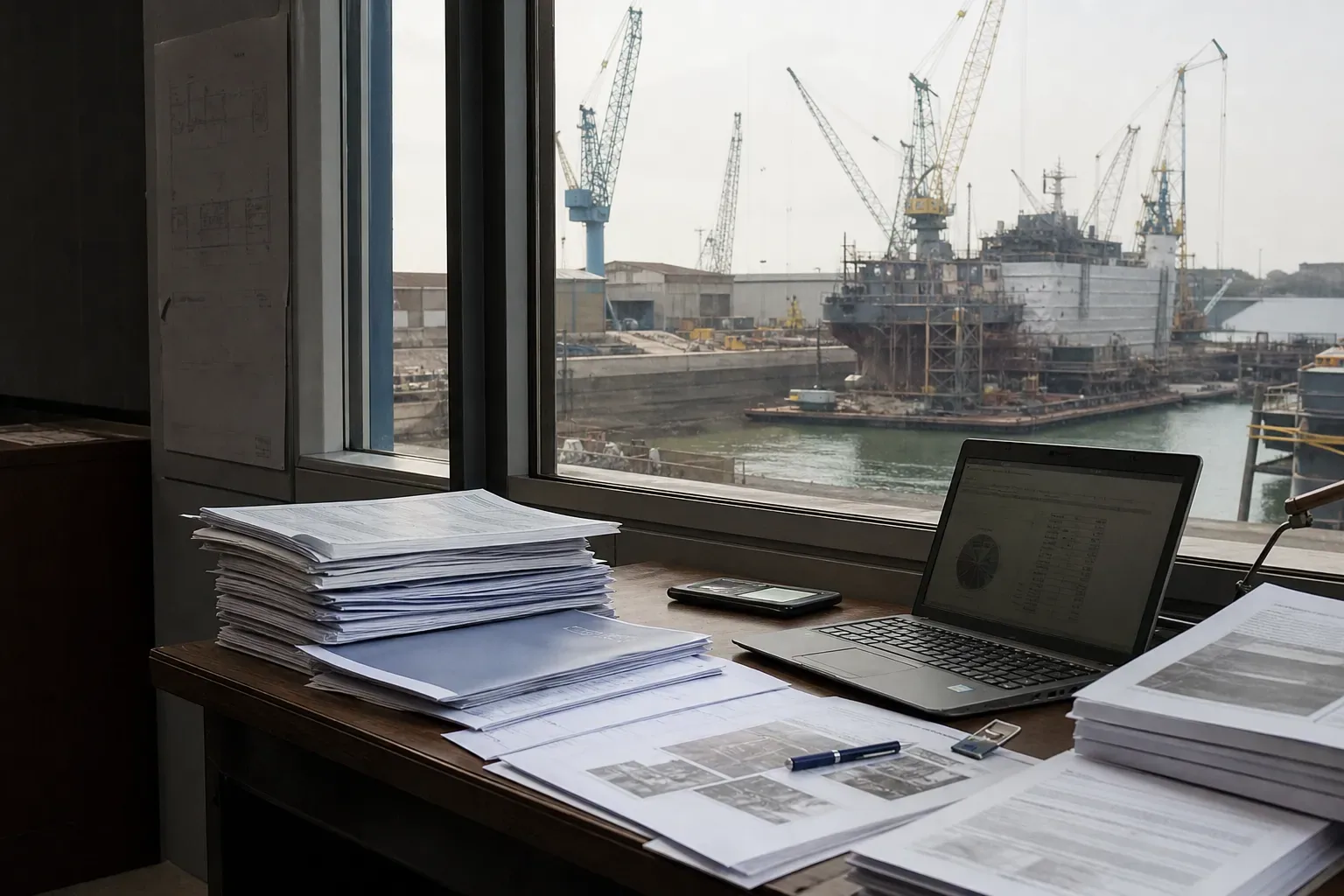 Bureau d’audit industriel avec vue sur un chantier de réparation navale civil