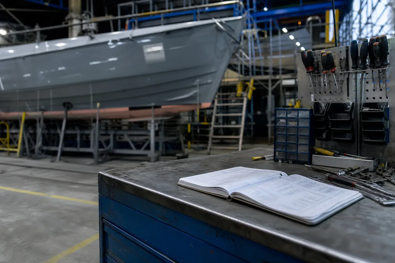 Atelier de maintenance navale civile avec un établi rangé et un carnet d’entretien ouvert