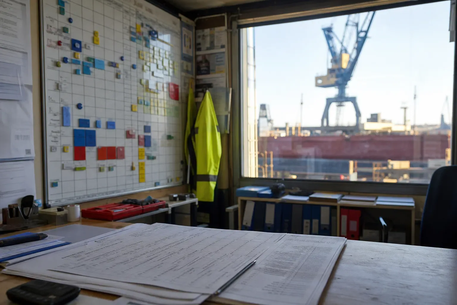 Bureau de planification dans un chantier de réparation navale avec un planning mural