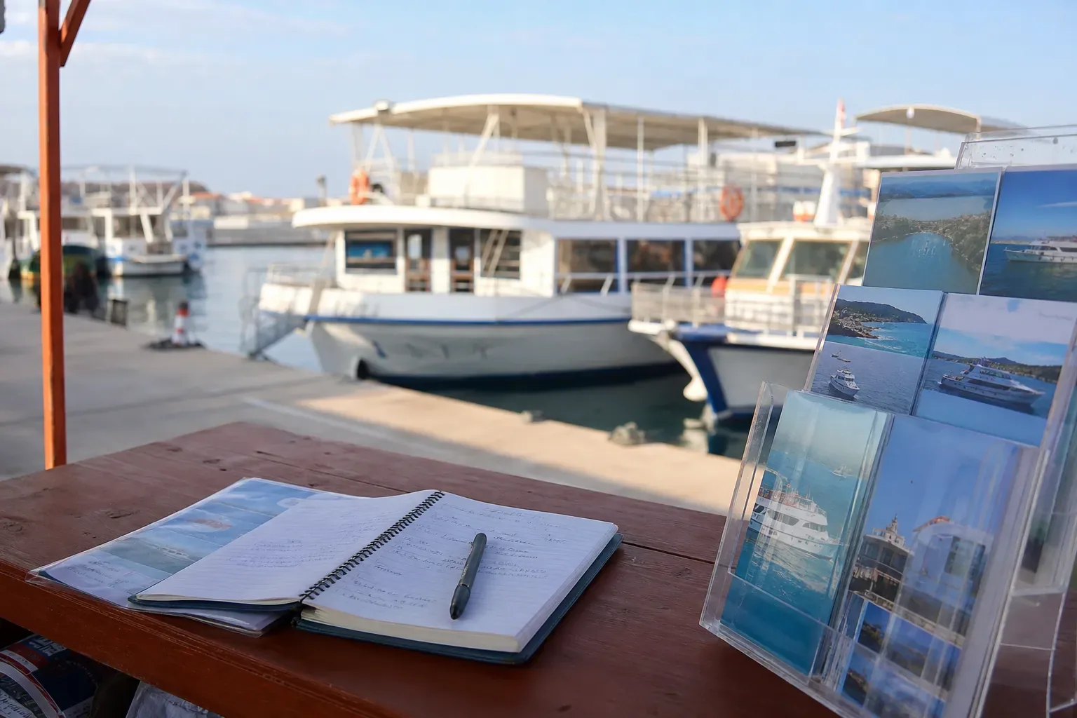 Comptoir d’accueil touristique en bord de quai civil avec un carnet de réservations ouvert