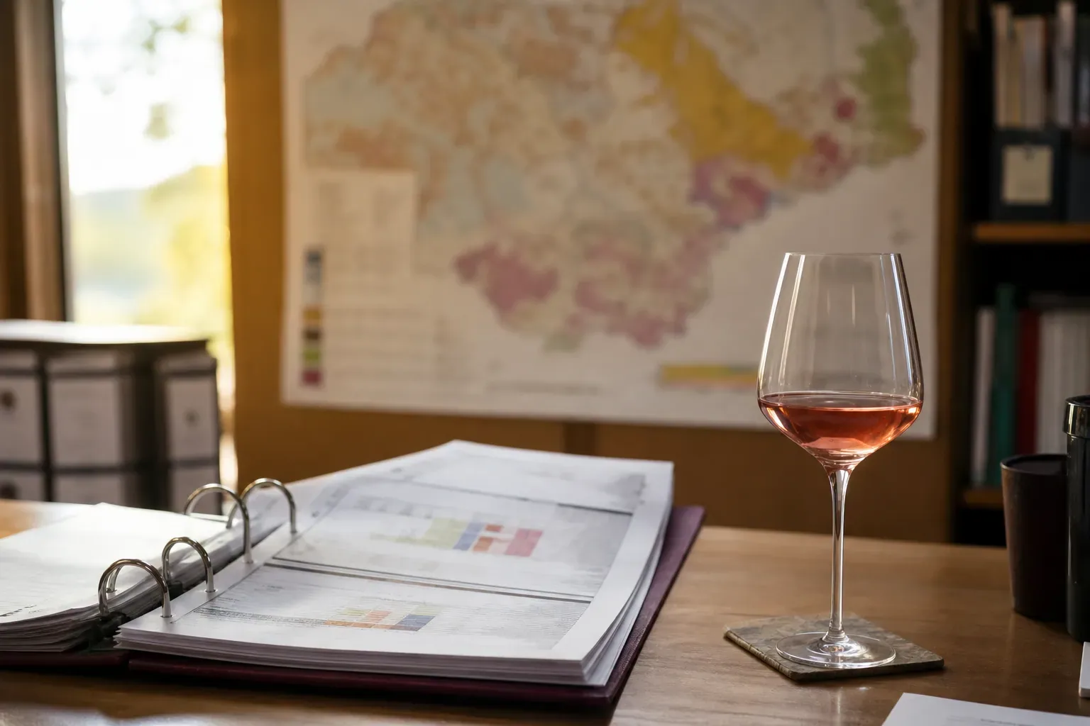 Bureau viticole avec un classeur de fiches réglementaires et un verre d’échantillon de vin rosé