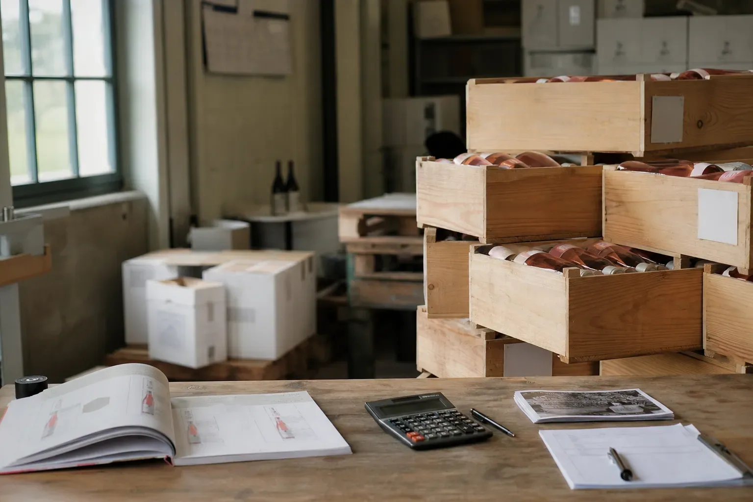 Bureau de négoce viticole avec des caisses d’échantillons de bouteilles et un catalogue de commandes