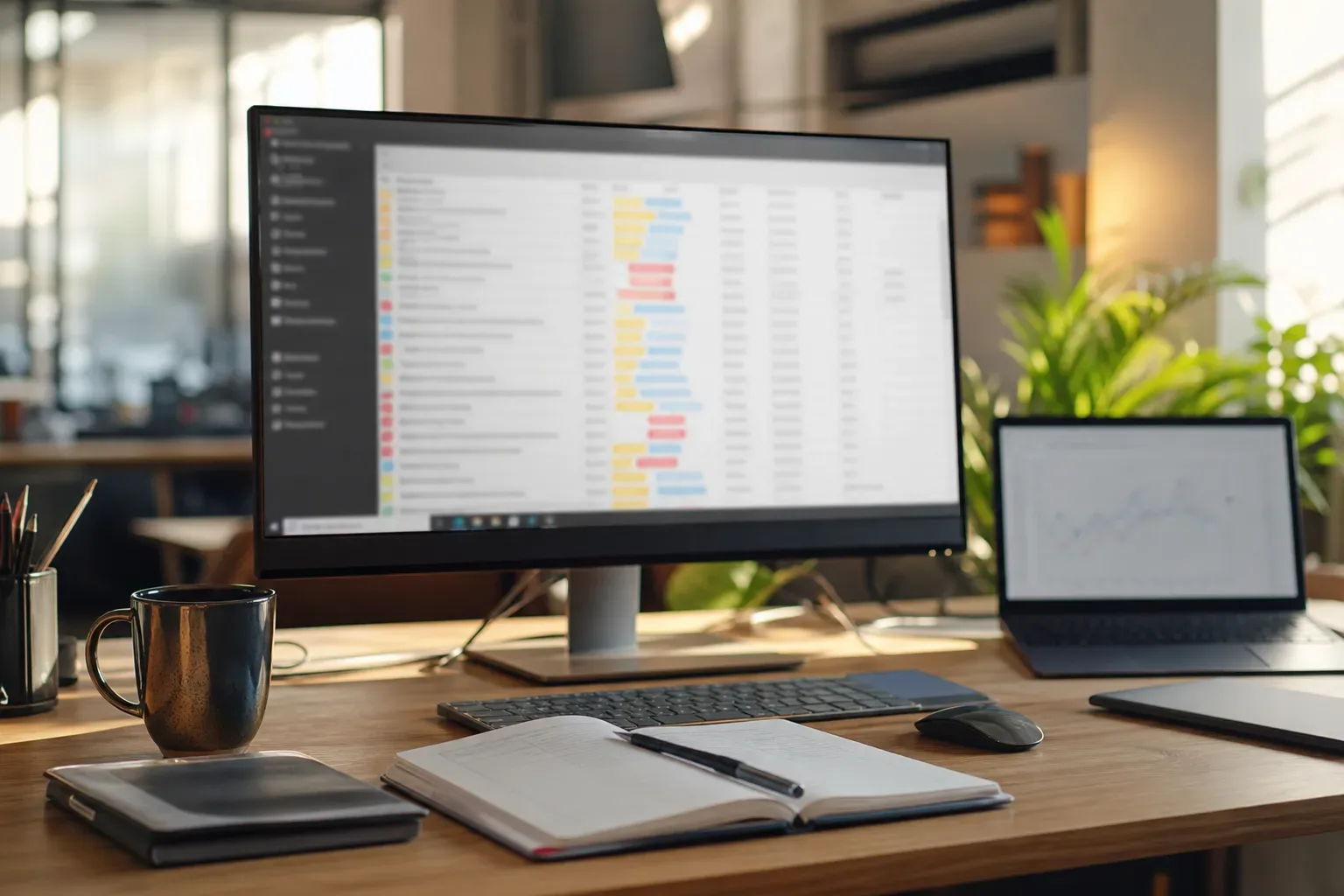 Bureau avec un écran affichant une liste de dossiers triée par étiquettes de couleur