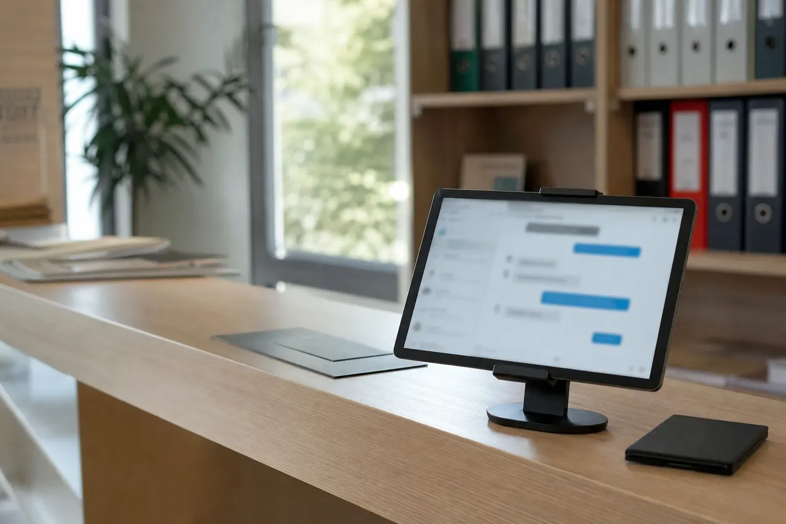 Comptoir d’accueil avec une tablette affichant une fenêtre de conversation, décor en bois clair