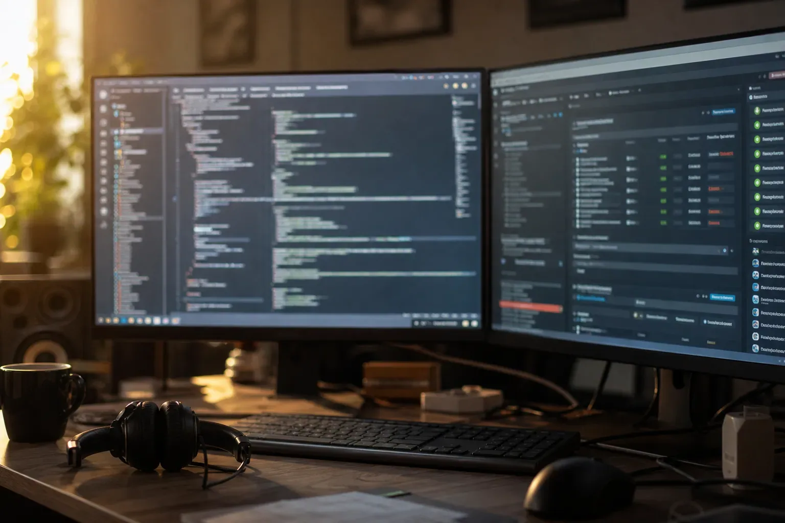 Environnement de développement avec deux écrans affichant du code et un panneau de test